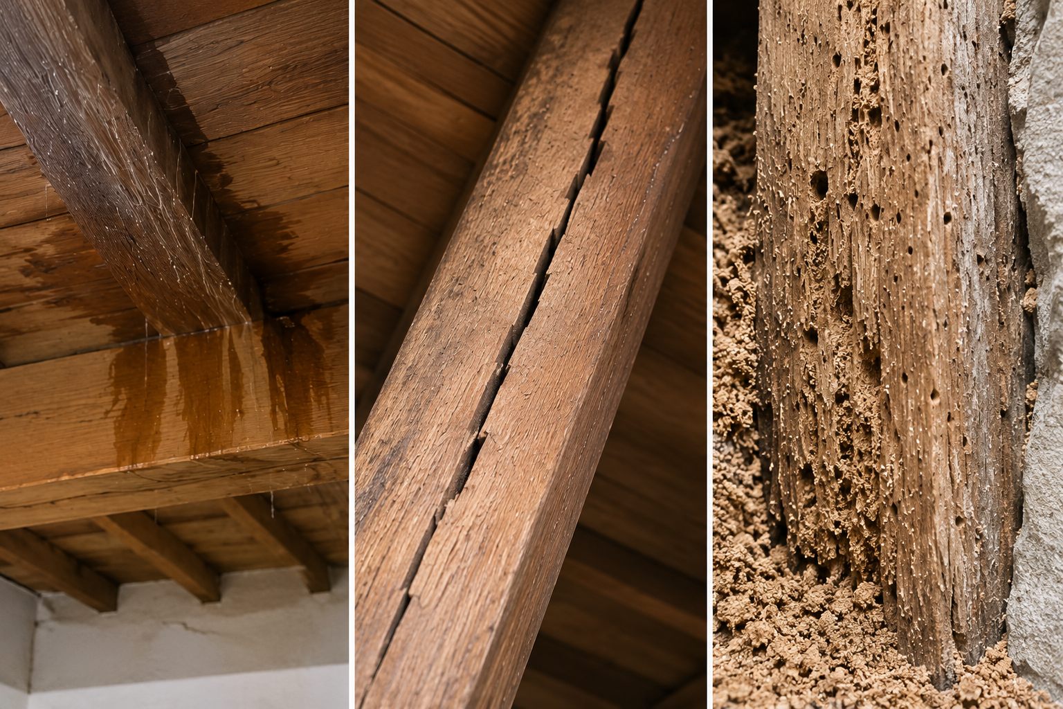 Goteras, grietas y humedades en un tejado de madera